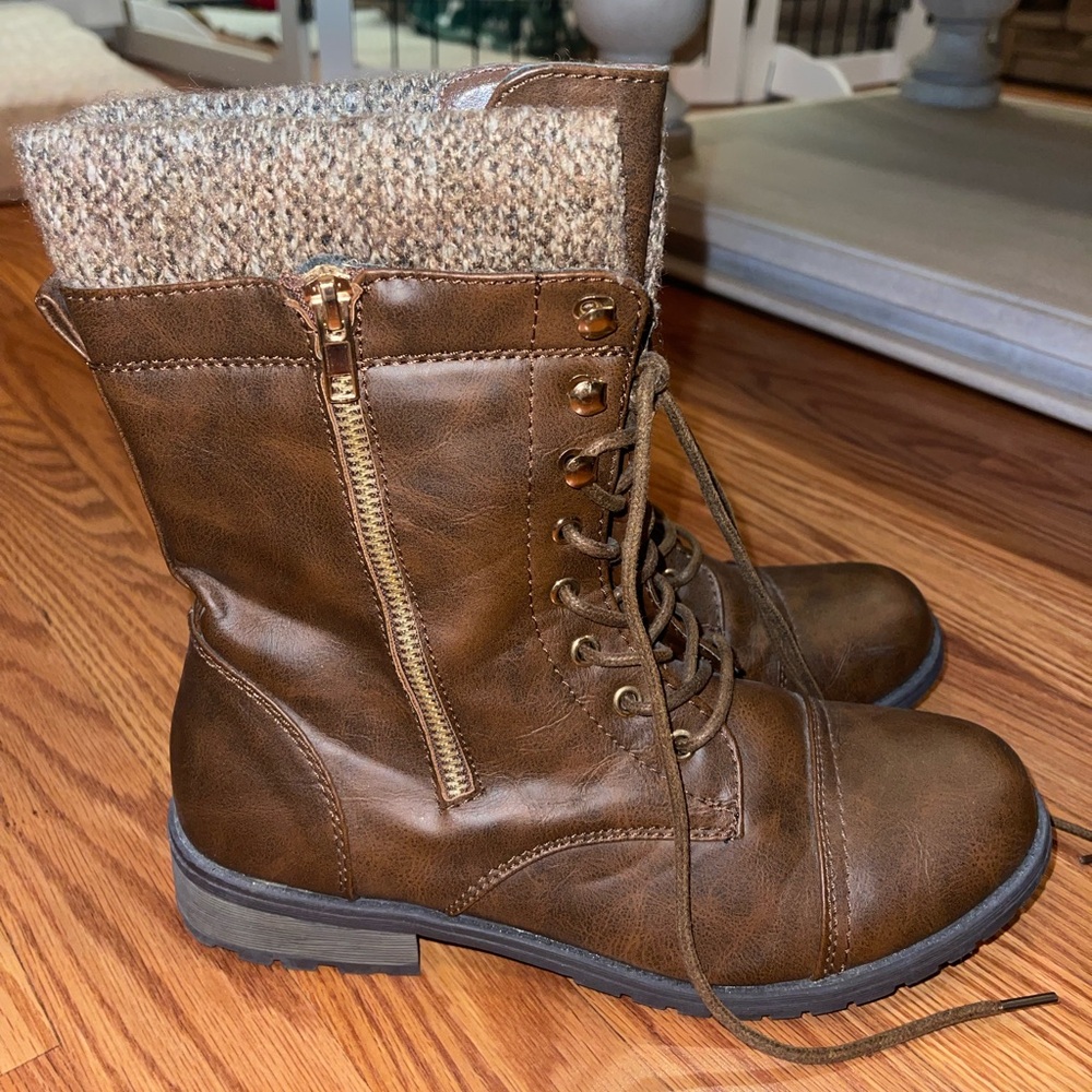 Womens brown leather boots gold zipper